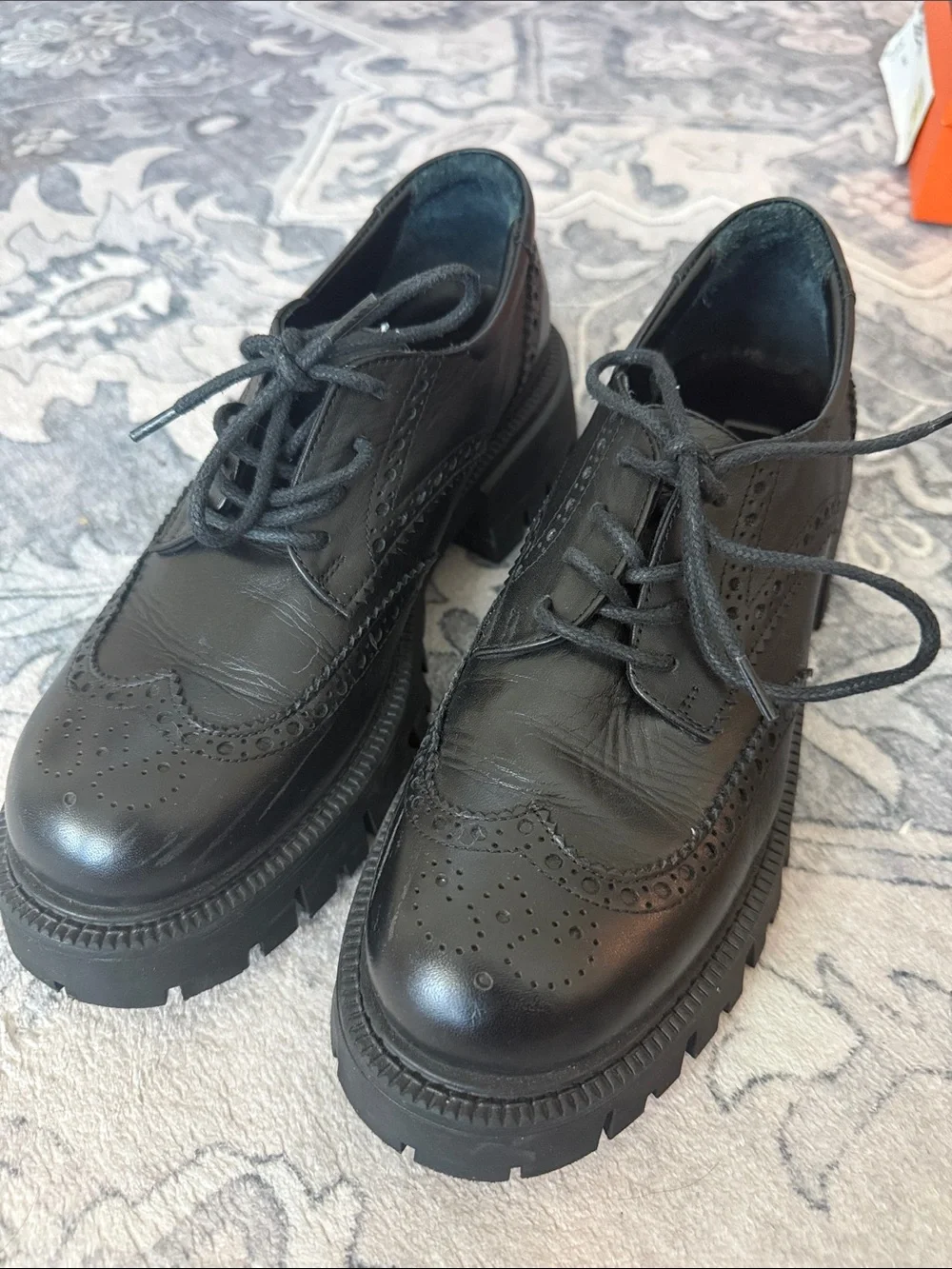LOYA Milano Black Leather Wingtip Oxford Platform Shoes | Size 9